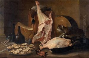 Chat Bousculant Les Apprets Du Dejeuner Et Nature Morte Au Lievre, Faisan, Perdreaux Et Becasse by Alexandre-Francois Desportes