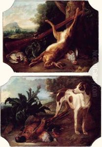 Chien A L'arret Devant Des Perdrix Nature Morte Au Lievre Et Perdrix
