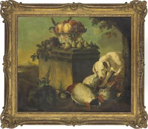 A Hound With A Duck And Partridges, A Bowl Of Peaches