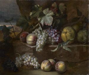 Nature Morte Aux Raisins, Peches Et Poires Dans Un Paysage by Claude Francois Desportes