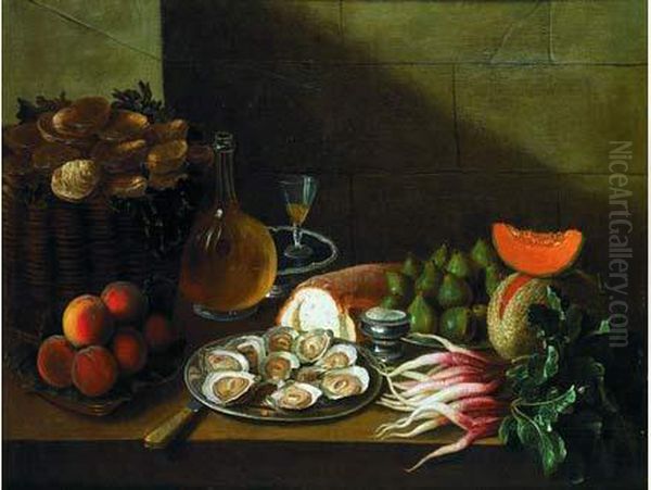 Nature Morte Aux Plat D'huitres, Figues Et Bouteille De Vin - view 1
