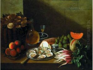 Nature Morte Aux Plat D'huitres, Figues Et Bouteille De Vin