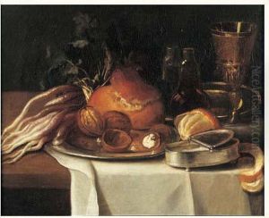 Nature Morte A La Brioche, Noix Et Pieces D'argenterie Sur Un Entablement