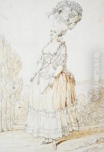 Portrait Of A Young Woman Standing Before An Extensive Landscape by Claude Louis Desrais