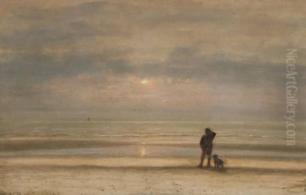 Man Met Hond Voor De Kust Bij Ondergaande Zon - view 1