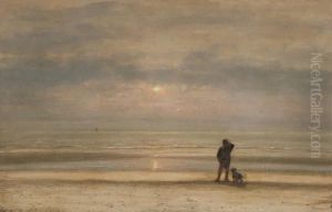 Man Met Hond Voor De Kust Bij Ondergaande Zon by Johannes Josephus Destree
