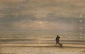 Man With Dog Near The Sea At Sunset by Johannes Josephus Destree