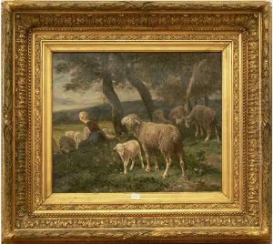 Bergere Et Ses Moutons by James Desvarreux-Larpenteur