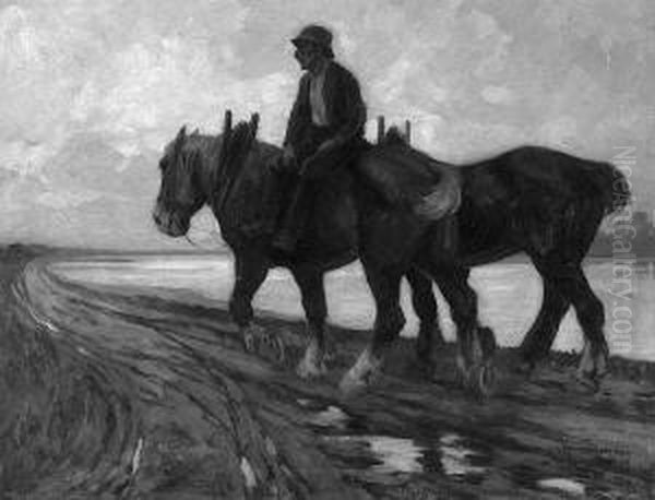 "bauer Mit Zwei Pferden Am
Flussufer". Sign., Bez. Ddf Und Dat. 19. Ol Auf Lwd. Min.
Besch. 66 X 86 Cm. Rahmen - view 1