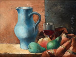 Still Life With Blue Pitcher And Wine Glass by Eric Detthow