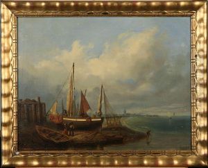 Edouard : Kustlandskap Med Segelfartyg, Signerad Och Daterad , Olja, 50x67, Dubblerad