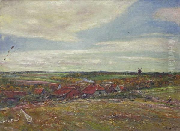 Fruhherbstliche, Nordische Landschaft Mit Hausern, Einer Windmuhle Am Horizont Und Kindern, Die Drachen Steigen Lassen - view 1