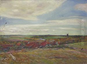 Fruhherbstliche, Nordische Landschaft Mit Hausern, Einer Windmuhle Am Horizont Und Kindern, Die Drachen Steigen Lassen by Ludwig Dettmann