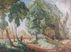 A Shepherd Herding Sheep On A Country Lane by Ludwig Dettmann