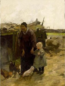 Mother And Child Feeding The Chickens by Frans Deutmann