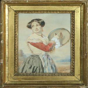A Gypsy Woman Playing Tambourine by Achille-Jacques-Jean-Marie Deveria