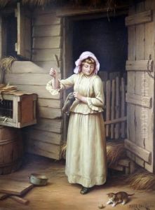 Woman And Playful Kitten Beside A Barn by Rene Marie Leon Devillario