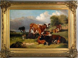 Pastoral Landscape With A Young Woman Milkinga Cow by Francis Daniel Devlan