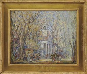 Street Activity Near Church, New England by Frederick Usher Devoll