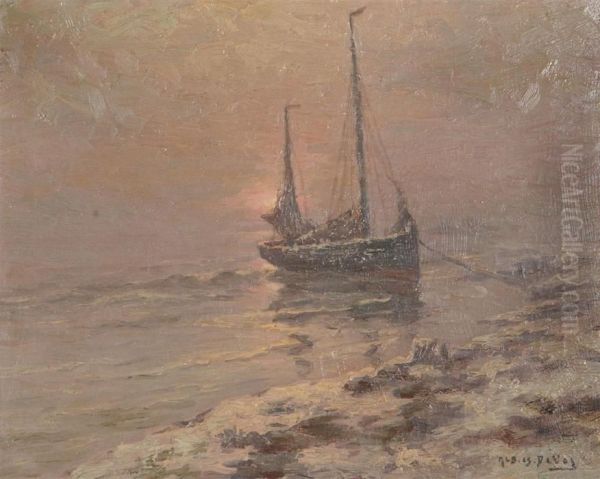 Moored Fishing Boat At Sunset. Canvas. Signed ""alb.is.devos"" - view 1