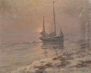 Moored Fishing Boat At Sunset. Canvas. Signed ""alb.is.devos"" by Albert Isidore Devos