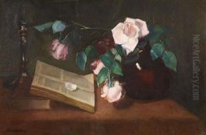Still Life Withroses, Books And A Candlestick