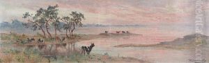 Troupeau Au Coucher De Soleil by Theophile Louis Deyrolle