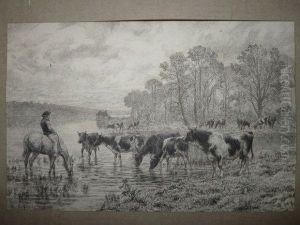 Vaches A La Riviere Et Gardien A Cheval