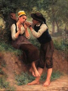 Jeune Couple En Foret by Theophile Louis Deyrolle