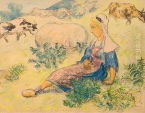 Gardienne De Vaches A Port Manech by Emile Alfred Dezaunay