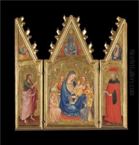 A Triptych:
Central Panel: The Madonna And Child With Music-making Angels, Godthe Father Above
Left Wing: Saint John The Baptist In A Pink Cloak, The Angel Of Theannunciation Above
Right Wing: Saint Jerome In Cardinal's Robes, The Virgin Annunciateabove by Taddeo Di Bartolo