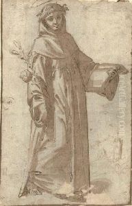 A Dominican Saint With Subsidiary Studies Of A Landscape And A Face by Ridolfi Domenico Di Ghirlandaio
