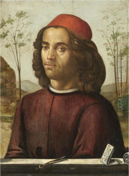 Portrait Of A Gentleman, Head And Shoulders, Wearing A Crimson Tunic, With A Pair Of Dividers On A Stone Ledge - view 1