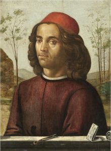 Portrait Of A Gentleman, Head And Shoulders, Wearing A Crimson Tunic, With A Pair Of Dividers On A Stone Ledge