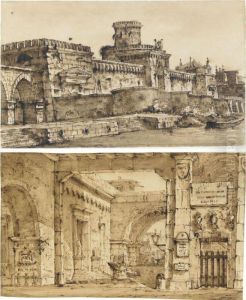 A Pair Of Stage Designs: A Courtyard With Walls Bearing Plaques, Busts And Other Motifs, And A Crenellated Fort With A Canal In The Foreground by Pietro Gonzaga