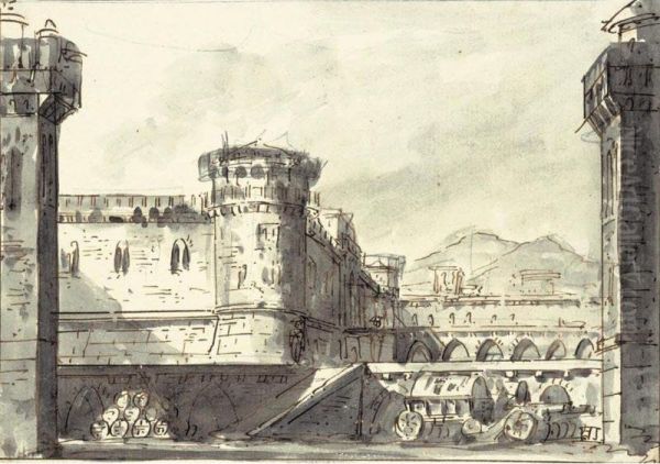 Due Scenografie Con Paesaggi Ed Edifici Classici E Una Con Un Castello Fortificato - view 1