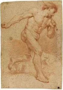 An Academic Male Nude Holding A Rod To His Left Shoulder
