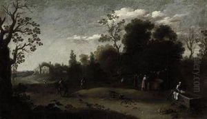A Wooded Italianate Landscape With Washerwomen In Theforeground by Theodoro Filippo Di Liagno