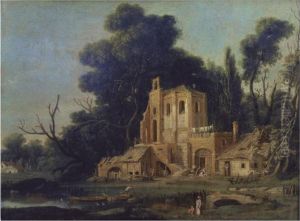 A Capriccio River Landscape With A Man Chasing A Woman In Front Ofa Ruined Building by Theodoro Filippo Di Liagno