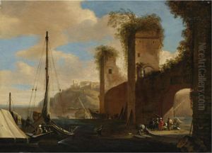 Harbor Scene With Ships, Ruins And Figures By An Archway by Theodoro Filippo Di Liagno