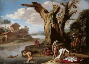 A River Landscape With Horsemen And Figures Bathing In The Foreground by Theodoro Filippo Di Liagno