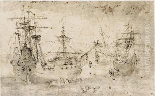 Sailing Boats At Anchor, Rowing Boats Beside Them - view 1