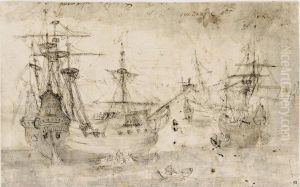 Sailing Boats At Anchor, Rowing Boats Beside Them by Theodoro Filippo Di Liagno
