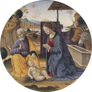 The Madonna And Saint Joseph Adoring The Christ Child, The City Of Florence Beyond by Bastiano Mainardi