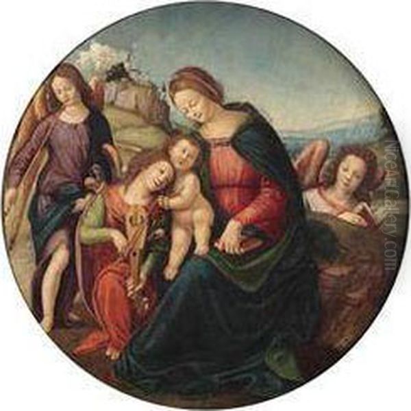 The Madonna And Child With Three Angels Oil On Panel - view 1