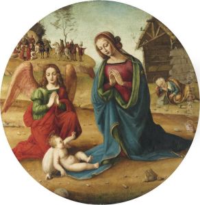 The Holy Family With An Adoring Angel, The Manger And The Retinue Of The Magi Beyond