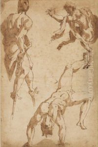 [follower Of Rosso Fiorentino ; Studies Of Figures And A Faun ; Pen And Brown Ink And Wash ; Bears Numbering In Brown Ink, Lower Right: 52 ]