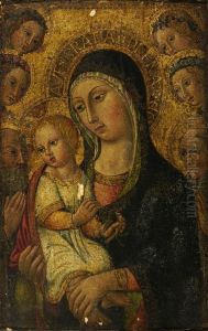 Madonna And Child. Surrounded By St. Anthony Abbott And St. Bernardino Of Siena Looking On With Four Angels. Old Label On Reverse Handwritten In Italian. by Ansano Mancio Di Sano Di Pietro