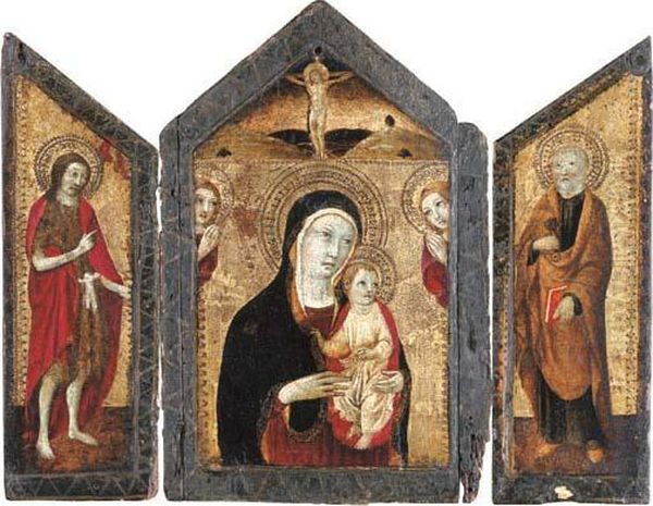 A Triptych: The Central Panel: The Madonna And Child With Twoangels And Christ On The Cross; The Wings: Saint John The Baptist;and Saint Peter - view 1