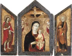 A Triptych: The Central Panel: The Madonna And Child With Twoangels And Christ On The Cross; The Wings: Saint John The Baptist;and Saint Peter by Ansano Mancio Di Sano Di Pietro